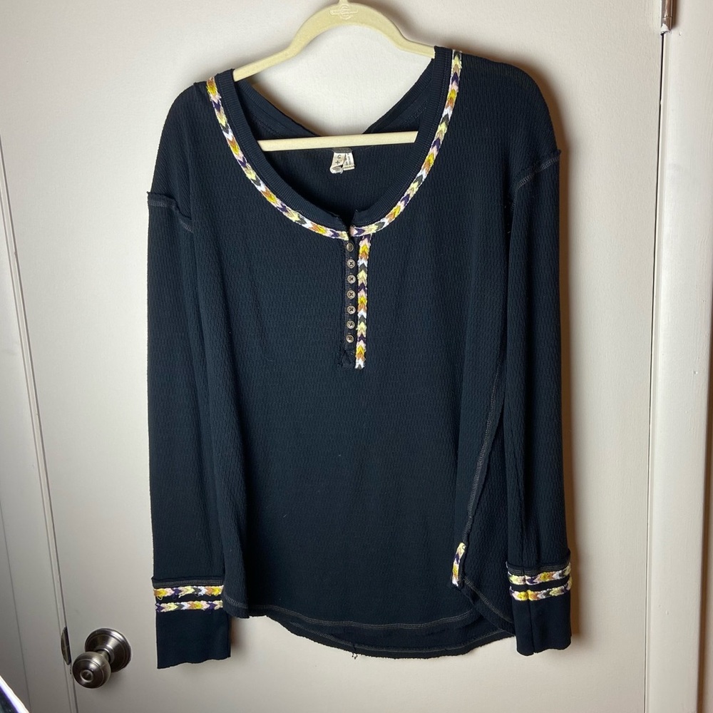We the Free Black Long Sleeve Henley Top Black, szL